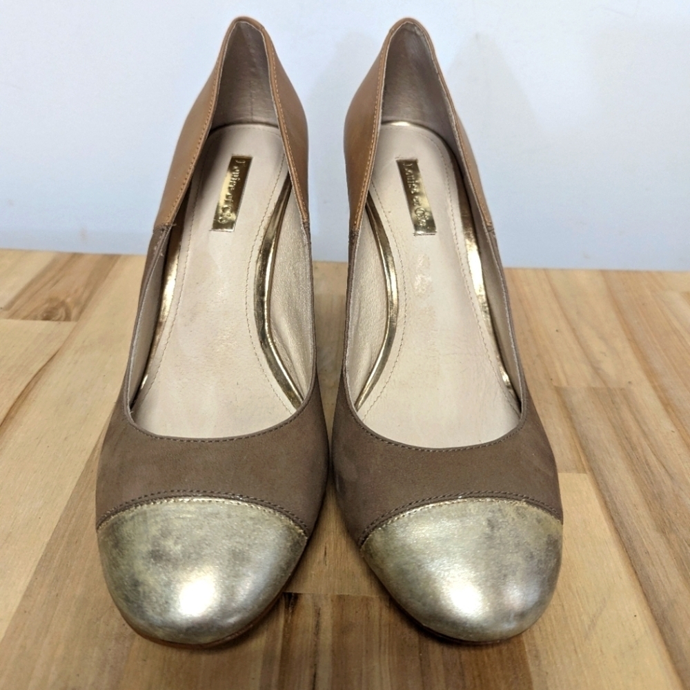 Louise Et Cie Camel Leather and Suede Pump Cap Toe Block Heel Classic Gold 8 - Picture 10 of 11